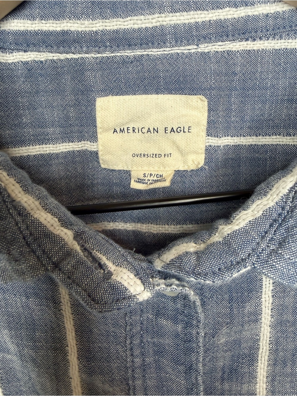 American Eagle Oversized Button-Up in Light Blue Stripe small